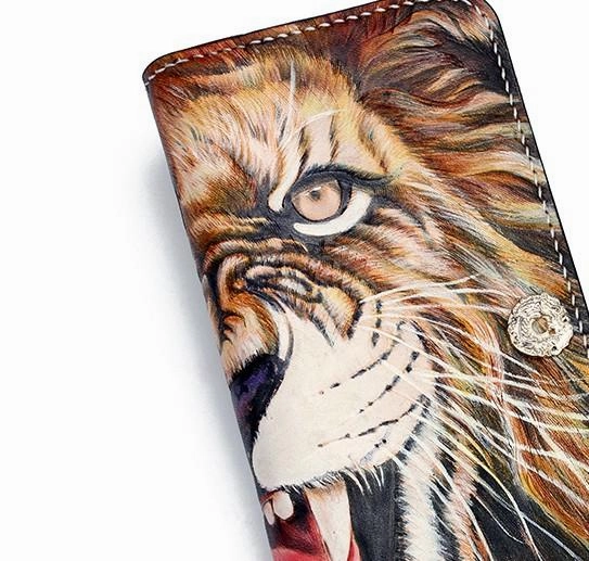 Handmade Leather Tooled Tiger Mens Chain Zipper Biker Wallet Cool Leather Wallet Long Phone Wallets for Men