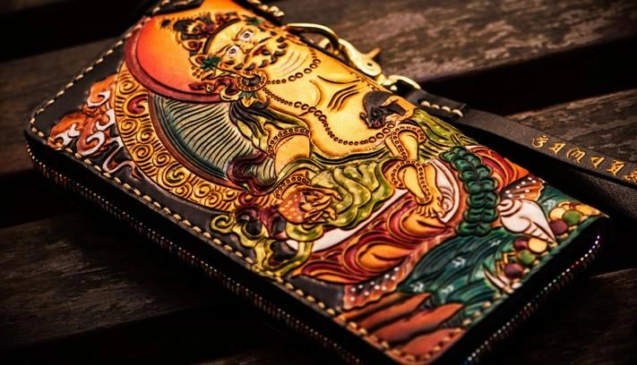 Handmade Leather Tooled Yellow Jambhala Mens Chain Biker Wallet Cool Leather Wallet Zipper Long Wallet for Men