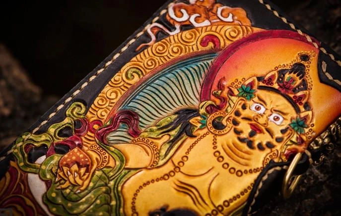 Handmade Leather Tooled Yellow Jambhala Mens Chain Biker Wallet Cool Leather Wallet Zipper Long Wallet for Men