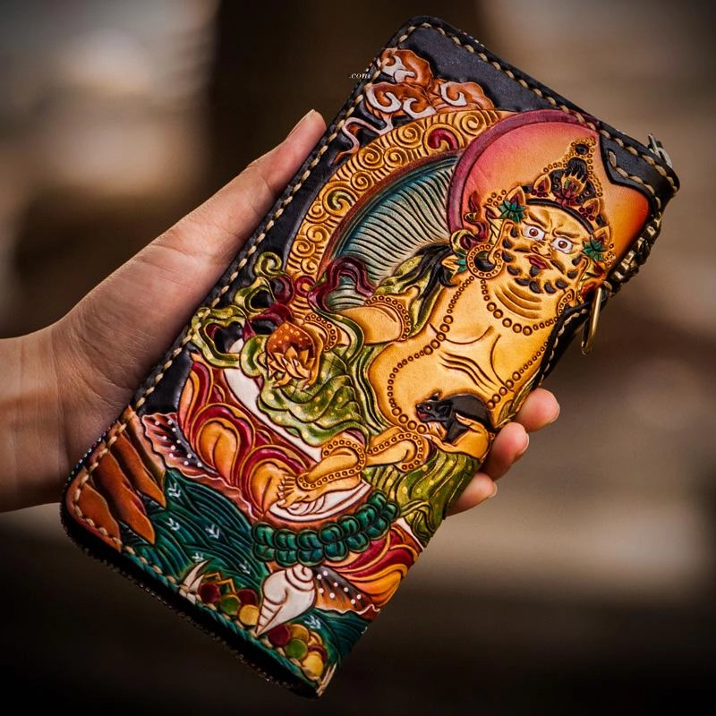 Handmade Leather Tooled Yellow Jambhala Mens Chain Biker Wallet Cool Leather Wallet Zipper Long Wallet for Men