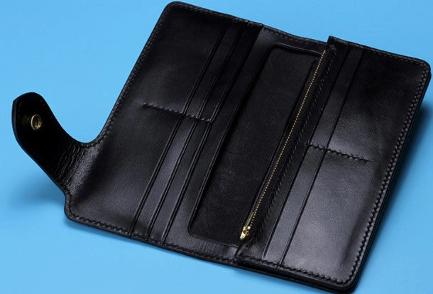 Handmade Long leather biker trucker Guanyin wallet leather chain men Black Carved Tooled wallet