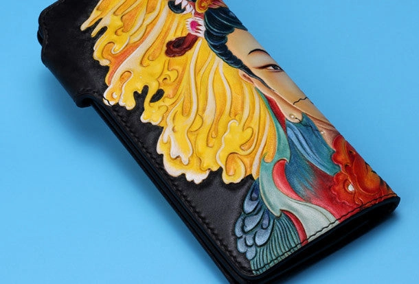 Handmade Long leather biker trucker Guanyin wallet leather chain men Black Carved Tooled wallet