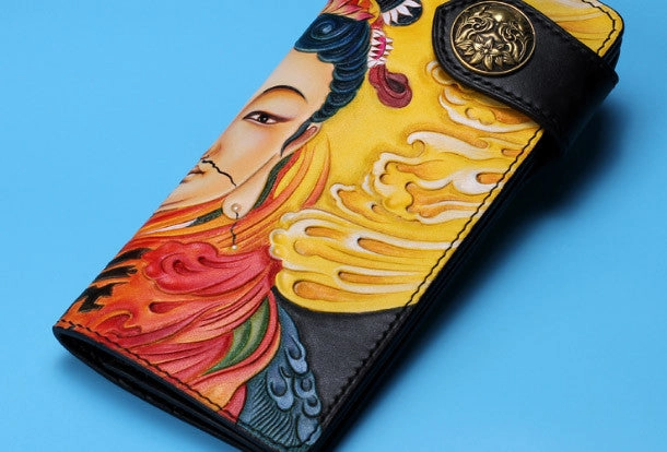 Handmade Long leather biker trucker Guanyin wallet leather chain men Black Carved Tooled wallet