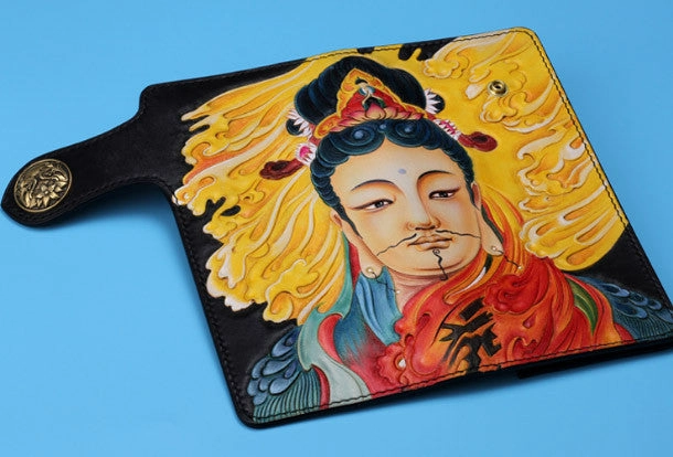 Handmade Long leather biker trucker Guanyin wallet leather chain men Black Carved Tooled wallet