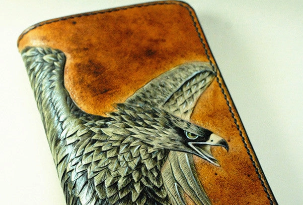 Handmade Long leather wallet men eagle tooled carved long wallet for him