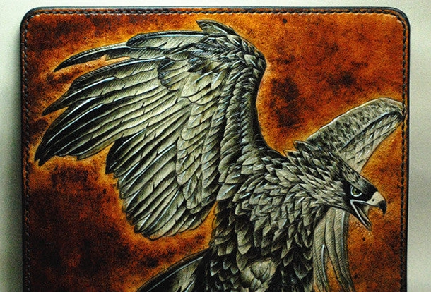 Handmade Long leather wallet men eagle tooled carved long wallet for him
