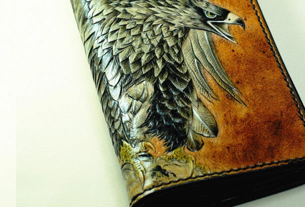 Handmade Long leather wallet men eagle tooled carved long wallet for him