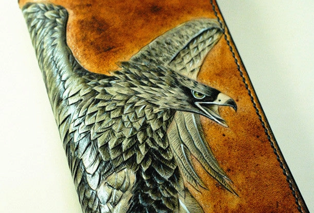 Handmade Long leather wallet men eagle tooled carved long wallet for him