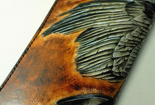 Handmade Long leather wallet men eagle tooled carved long wallet for him
