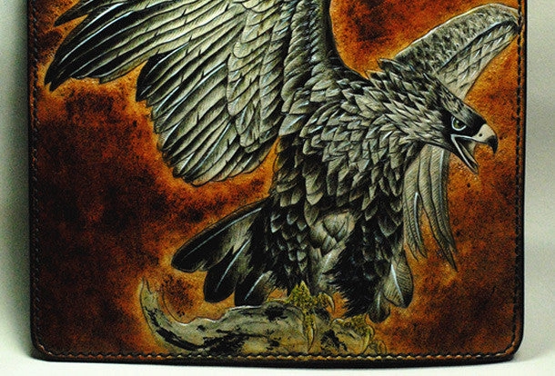 Handmade Long leather wallet men eagle tooled carved long wallet for him