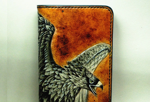 Handmade Long leather wallet men eagle tooled carved long wallet for him