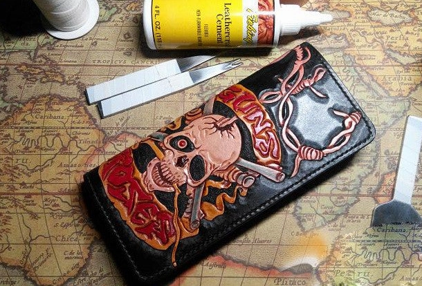 Handmade Long leather wallet men guns & roses skull black tooled carved long wallet for him