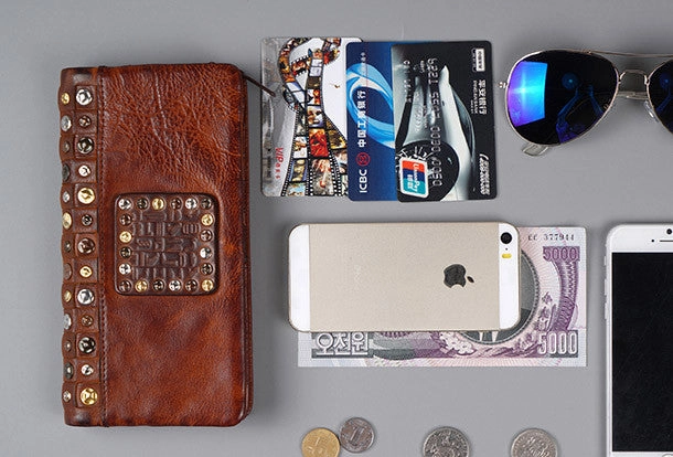 Handmade long wallet leather men rivet clutch vintage wallet for men