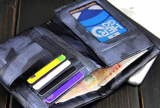 Handmade men billfold leather wallet men vintage brown blue camouflage billfold wallet for him
