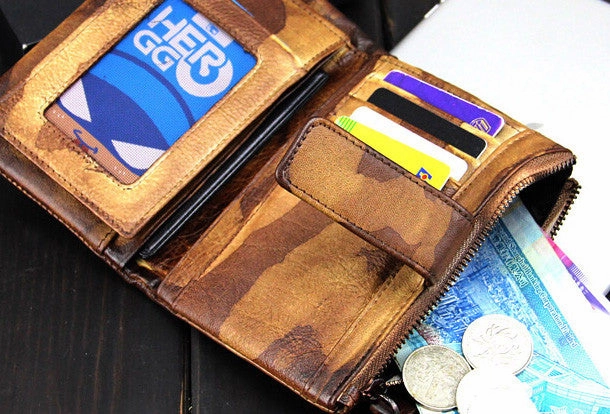 Handmade men billfold leather wallet men vintage brown blue camouflage billfold wallet for him