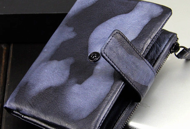 Handmade men billfold leather wallet men vintage brown blue camouflage billfold wallet for him