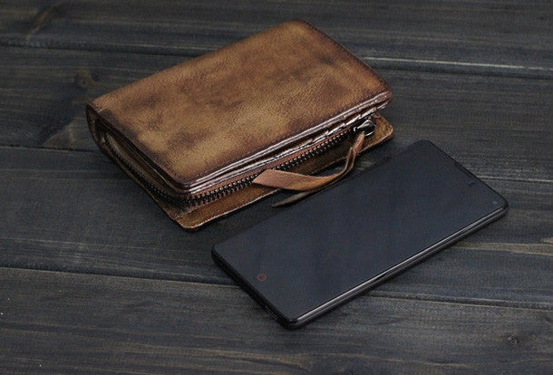 Handmade Men billfold leather wallet men vintage brown gray wallet for him