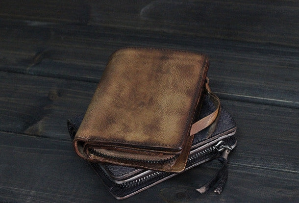 Handmade Men billfold leather wallet men vintage brown gray wallet for him