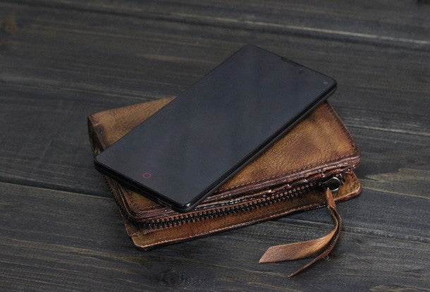 Handmade Men billfold leather wallet men vintage brown gray wallet for him