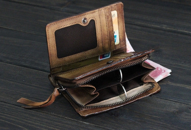 Handmade Men billfold leather wallet men vintage brown gray wallet for him