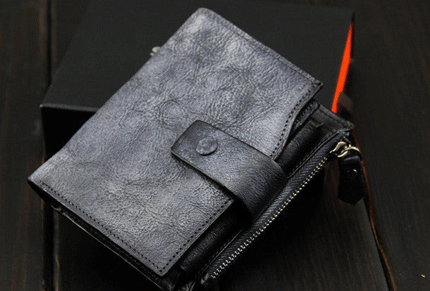 Handmade men billfold leather wallet men vintage gray brown billfold wallet for him