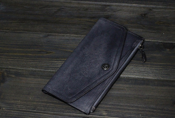 Handmade Men long leather wallet clutch men envelop vintage gray brown wallet for him