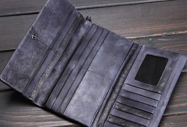 Handmade men long leather wallet men bifold vintage gray long wallet for him