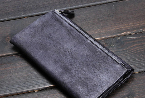 Handmade men long leather wallet men bifold vintage gray long wallet for him