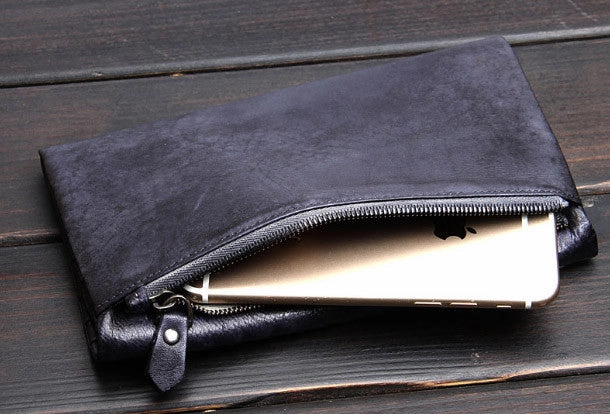 Handmade men long leather wallet men bifold vintage gray long wallet for him