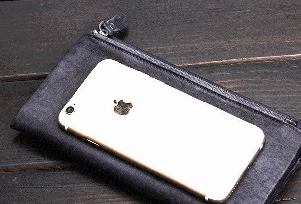 Handmade men long leather wallet men bifold vintage gray long wallet for him