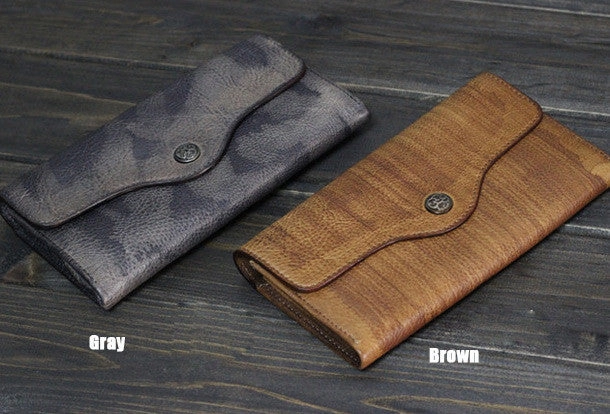 Handmade Men long leather wallet men multi cards vintage gray brown wallet for him