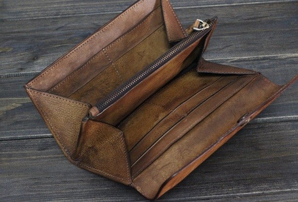 Handmade Men long leather wallet men multi cards vintage gray brown wallet for him