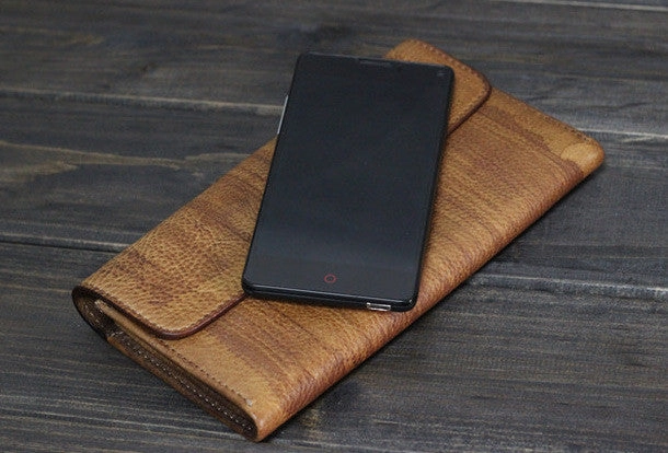 Handmade Men long leather wallet men multi cards vintage gray brown wallet for him