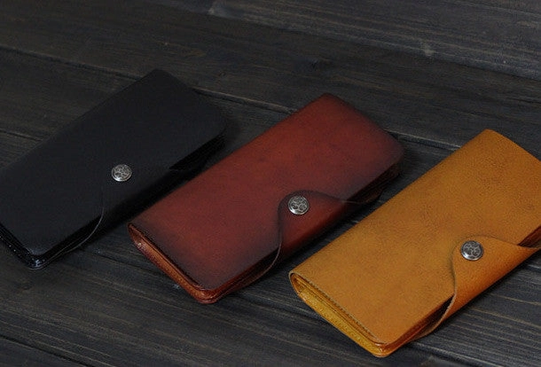 Handmade Men long leather wallet men multi cards vintage tan black wine wallet for him