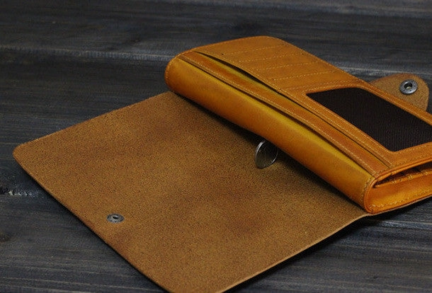 Handmade Men long leather wallet men multi cards vintage tan black wine wallet for him