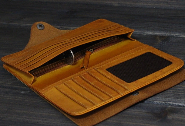 Handmade Men long leather wallet men multi cards vintage tan black wine wallet for him