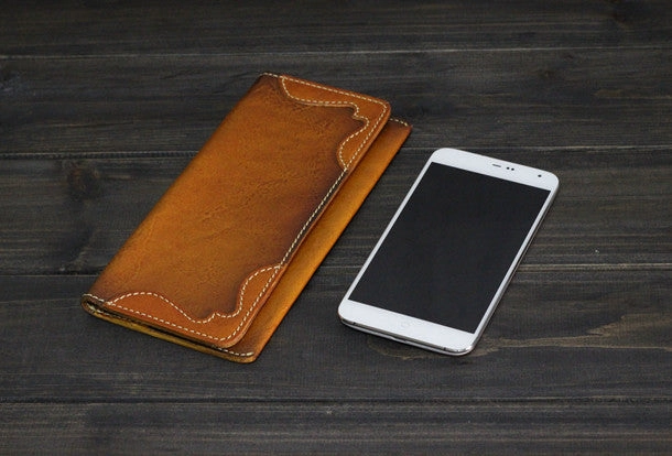 Handmade Men long leather wallet men vintage brown coffee tan wine wallet for him