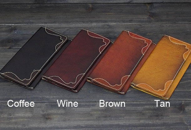 Handmade Men long leather wallet men vintage brown coffee tan wine wallet for him