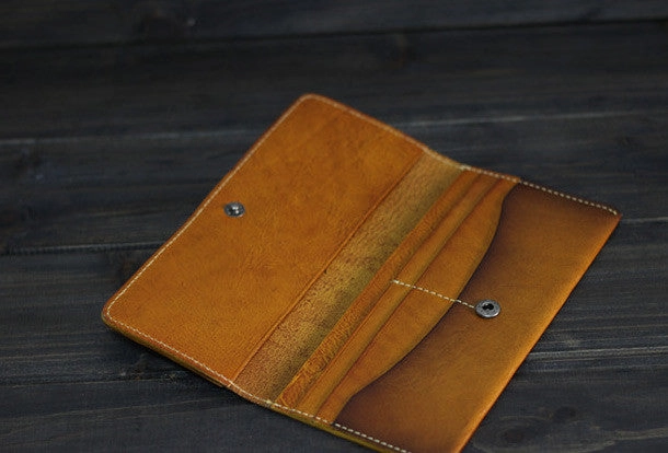 Handmade Men long leather wallet men vintage brown coffee tan wine wallet for him