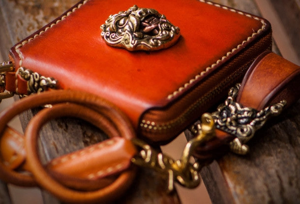 Handmade mens leather biker chain wallet zipper billfold leather chain wallet for men