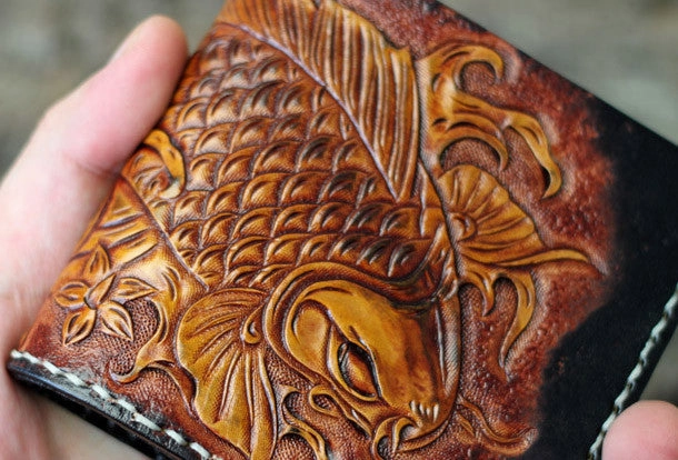 Handmade mens leather Tooled Small wallet carp lotus billfold wallet for men