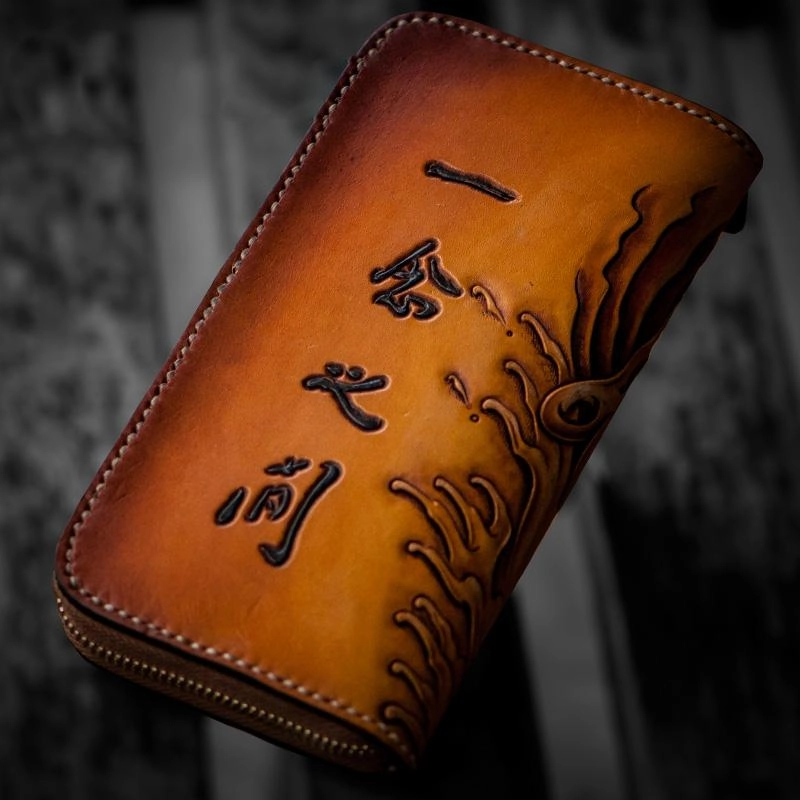 Handmade Mens Long Leather Wallet Cool Buddha&Demon Tooled Wallet Long Zipper Wallets for Men