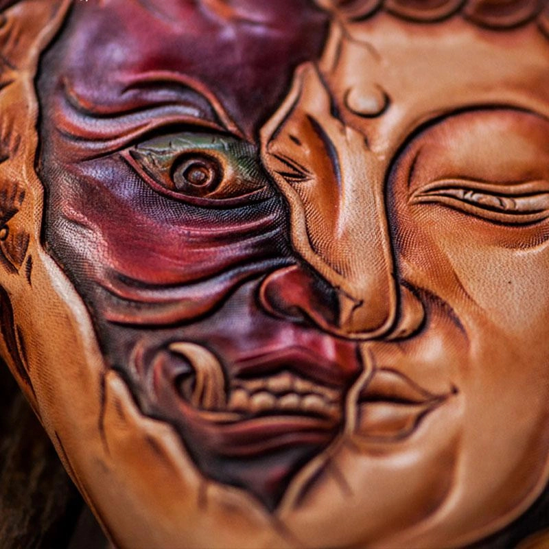 Handmade Mens Long Leather Wallet Cool Buddha&Demon Tooled Wallet Long Zipper Wallets for Men