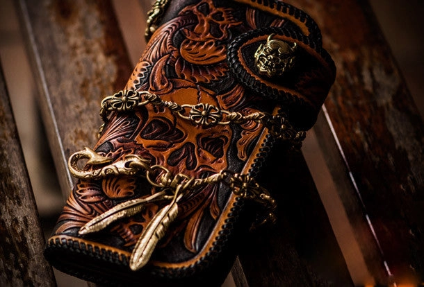 Handmade Skull leather biker trucker wallet leather chain men Brown Black Carved Tooled wallet