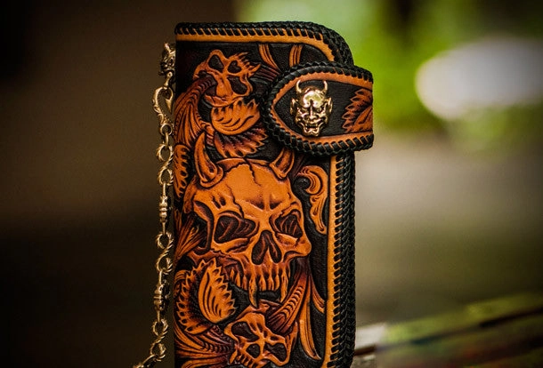 Handmade Skull leather biker trucker wallet leather chain men Brown Black Carved Tooled wallet