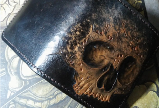 Handmade skull small leather wallet men tooled cool billfold wallet for him