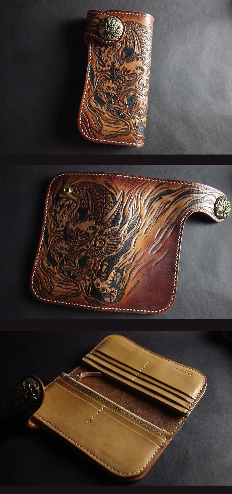 Handmade Skull Tooled Black Leather Mens Long Biker Wallet Biker Chain Wallet For Men