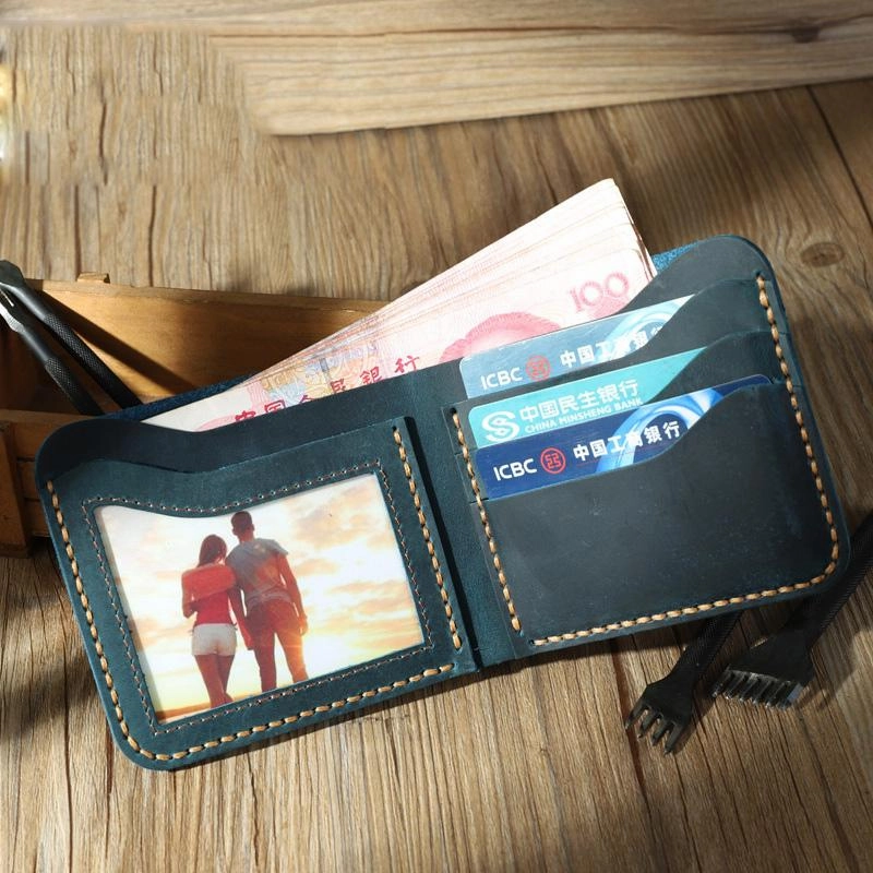 Handmade Slim Blue Leather Mens Billfold Wallet Personalize Bifold Small Wallets for Men
