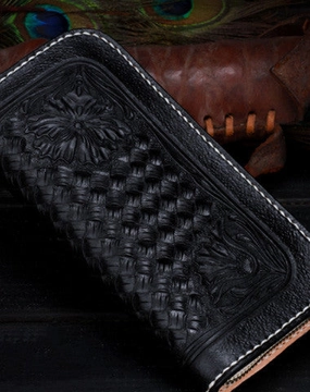 Handmade Tooled Long leather Black floral wallet leather men clutch Tooled wallet