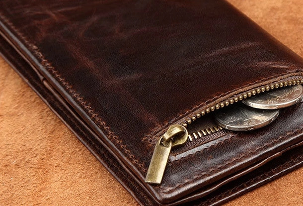 Handmade Vintage Bifold Coffee Men Leather Long wallet clutch purse For Men